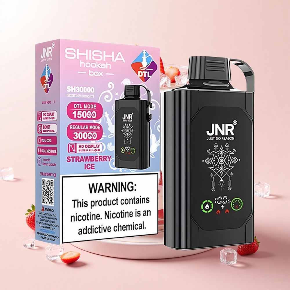 JNR Shisha Hookah Box 20500 Pufov Jednorazové Vape Jahodový ľad HD Display 1000mAh 25ml Dual Mesh Coil Type-C