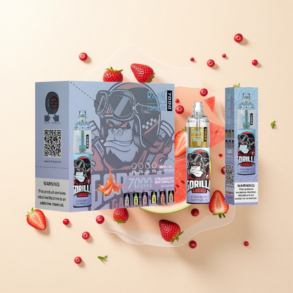 RandM Fumot Tornado 7000 Púfov Jednorazové Vape Jahoda Vodný Melón 14ML 850MAH Mesh Coil Type-C RGB Vzduch