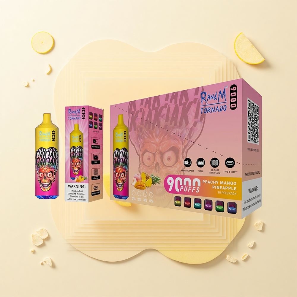 RandM Fumot Tornado 9000 Pufov Batéria 850 mAh 18 mL Dužina s Mriežkou RGB Displej Broskyňa Mango Ananás