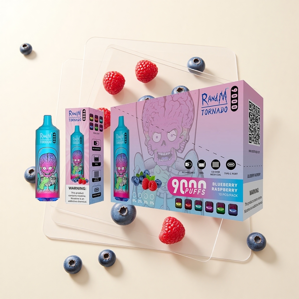 RandM Fumot Tornado 9000 Pufov Jednorazová Vape Čučoriedka Malina 18mL 850mAh Mesh RGB 54 Príchutí
