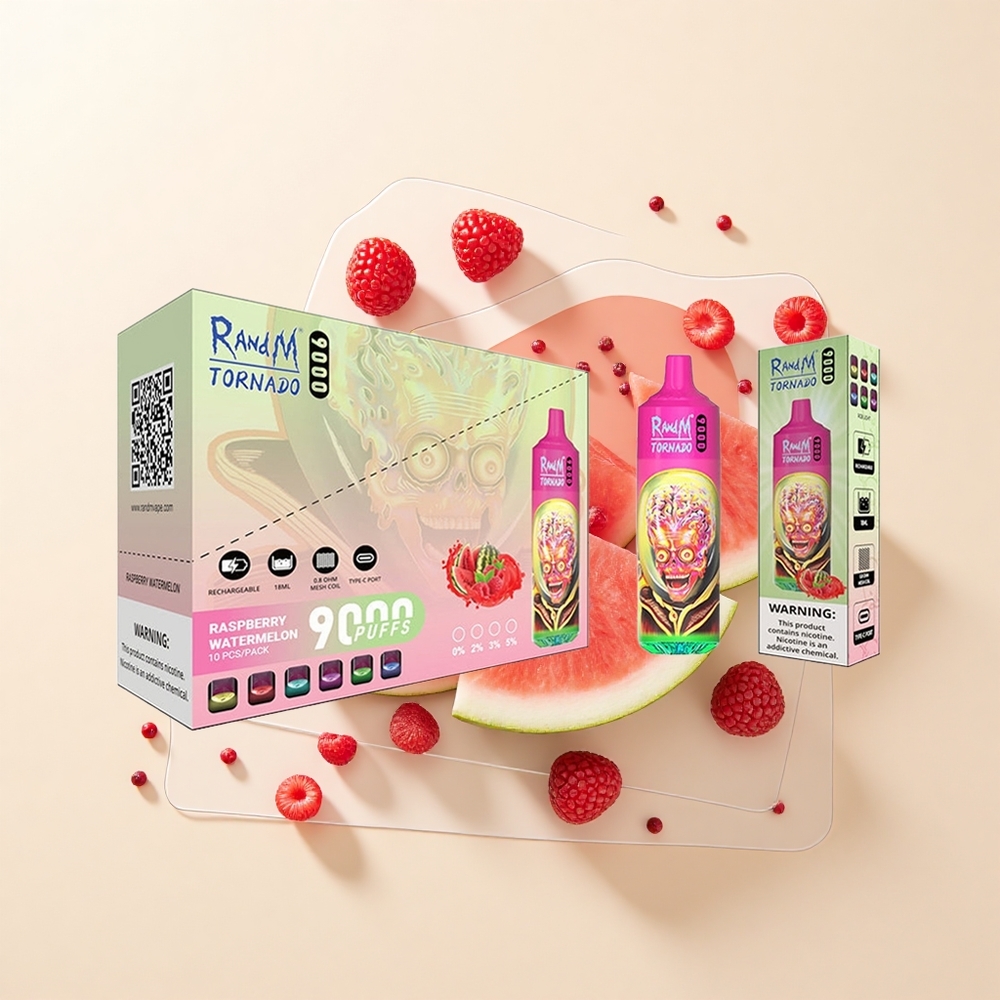 RandM Fumot Tornado 9000 Pufov Jednorazové Vape Malina Vodný Melón 850mAh 18mL Mesh RGB 54 Príchutí