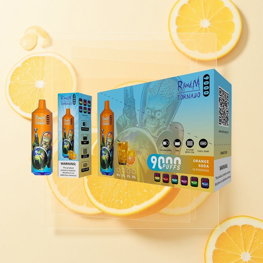 RandM Fumot Tornado 9000 Pufov Jednorazové Vape Pomarančová Soda 850mAh 18mL Mesh RGB 54 Príchutí