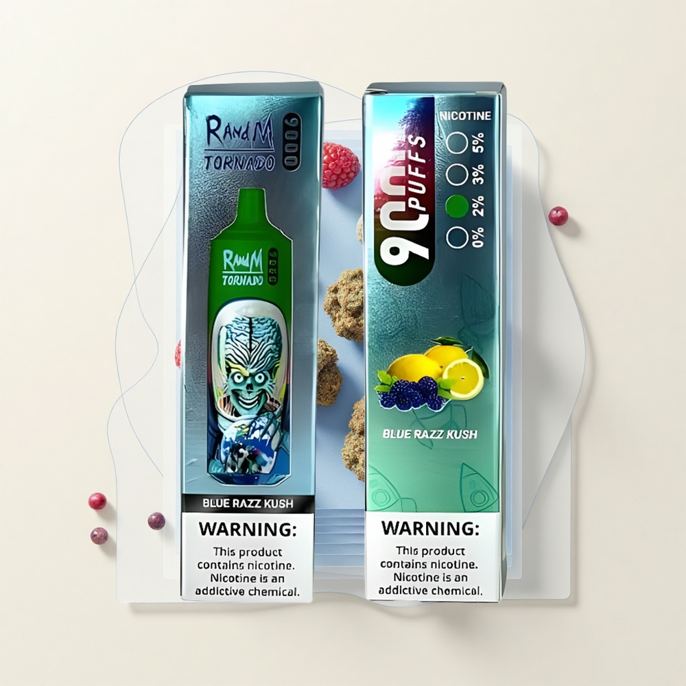 RandM Fumot Tornado 9000 Púfov Dobíjateľný Vape Modrý Razz Kush 18mL Mesh RGB 54 Príchutí
